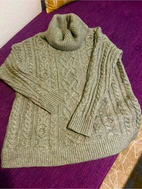 LOFT Olive Green Cable Knit Turtleneck Sweater